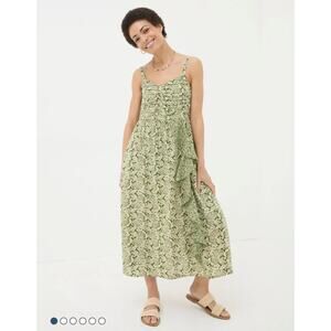 FAT FACE Dress 12 Lucia Damask Floral Linen Blend‎ Midi Ruched Top Pockets